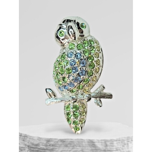 Monet Jewelry - Vintage Monet Silver Tone Owl Bird Green Blue Rhinestones Brooch Pin